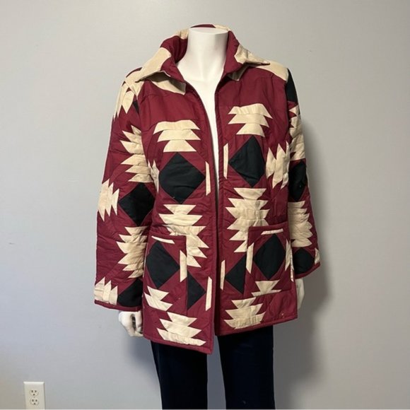 Hand Crafted Lightweight Maroon, Black, Cream Patchwork Spring Jacket One Size - Picture 1 of 11